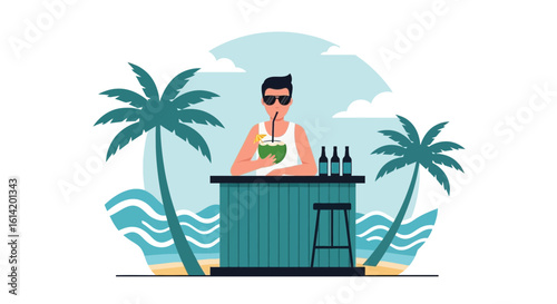 Tropical Getaway Man Sipping Coconut Drink At Beach Bar With Palm Trees