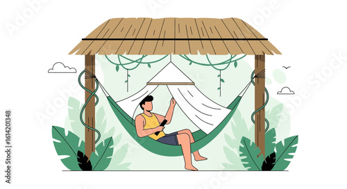Tropical Getaway Person Relaxing In A Hammock Under A Thatched Roof