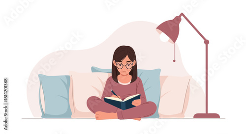 Young Woman Relaxing at Home Writes in Her Diary Under the Lamplight