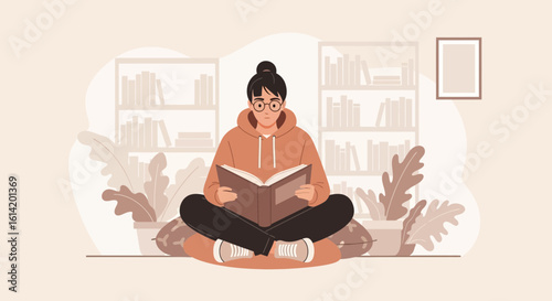 Young Woman Relaxing at Home While Reading a Book Surrounded by Nature