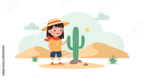 Young Explorer Discovering Desert Adventure With Cactus On Hot Sunny Day