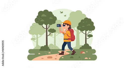 Young Explorer Using Binoculars During Outdoor Adventure In The Woods