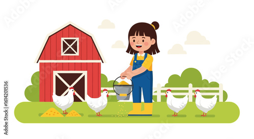 Young Farmer Feeds Chickens on an Idyllic Cartoon Farm Scene Landscape