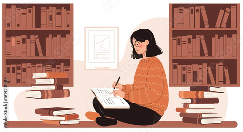 Young Female Student Sitting Surrounded By Books And Drawing At Home
