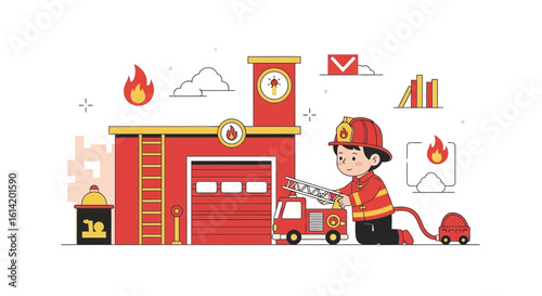 Young Firefighter With Toy Truck In Front Of Fire Station Illustration