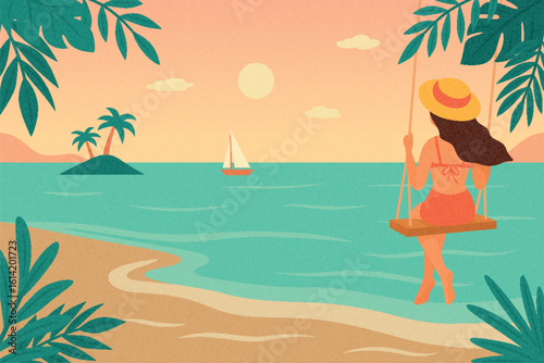 Hello Summer. Tropical Beach Sunset Vector Illustration. Tropical Landscape with Woman on Swing. Tropical Island with Palm Trees, Sea, Sailboat. Summer Holiday Design, Paradise Beach Illustration