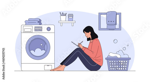 Woman Drawing Digitally While Waiting For Laundry To Finish Modern Illustration