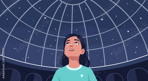 Young Girl Gazing at the Stars Inside Planetarium Dome Exploration