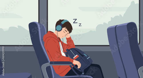 Young Man Asleep On Commute With Headphones Resting On His Backpack