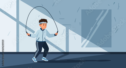 Young Man Doing Jumping Rope Exercise In An Indoor Setting Illustration