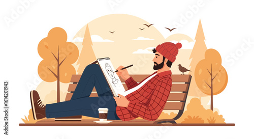 Young Man Drawing Sketch While Relaxing On Park Bench In Autumn Season