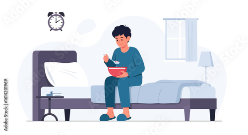 Young Man Enjoying A Healthy Breakfast Sitting On Bed In Pajamas