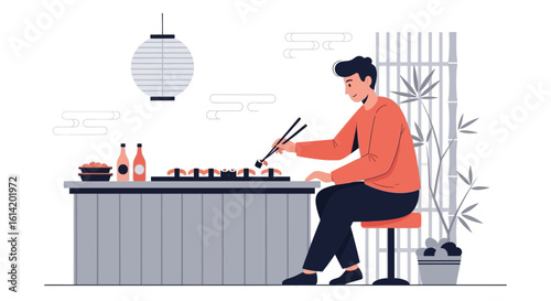 Young Man Enjoying A Sushi Meal At The Counter In Restaurant