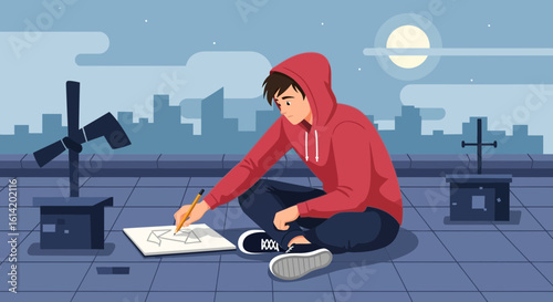 Young Man In Hoodie Drawing Geometric Shapes On Rooftop At Night