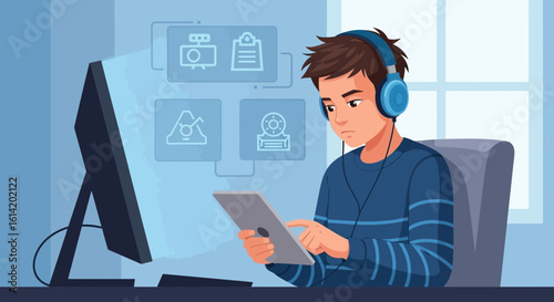 Young Man Managing His Social Media, Connected with Technology from Home