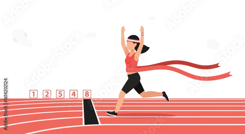Woman Finishes Race With Arms Raised In Victory On Running Track