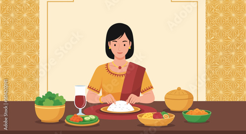 Woman Having Traditional Meal With Rice and Variety of Vegetables