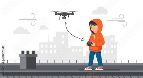 Young Man Navigating Drone Safely in Urban Environment with Remote Controller