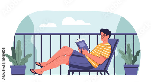 Young Man Reads A Book On The Balcony For A Relaxing Leisure Time