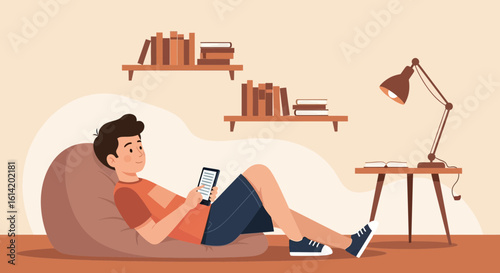 Young Man Relaxes on Beanbag Chair at Home Reading Digital Book