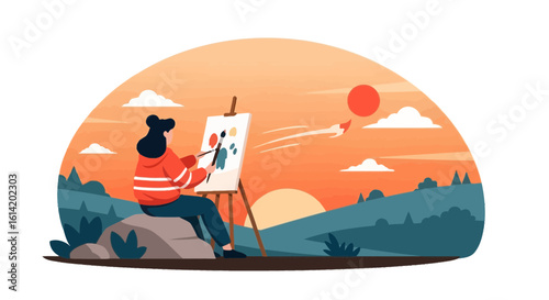 Woman Paints Landscape At Sunset Creative Art Session At Home Studio