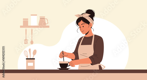 Woman Preparing A Beverage While At Home Making Coffee Or Tea In Kitchen