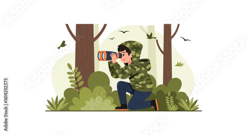 Young Ornithologist Observes Avian Life Using Binoculars During Forest Birdwatching