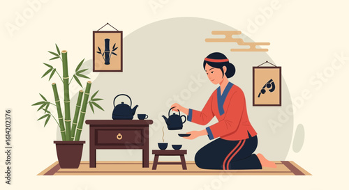 Woman Preparing Traditional Tea Ceremony In An Aesthetic Japanese Room