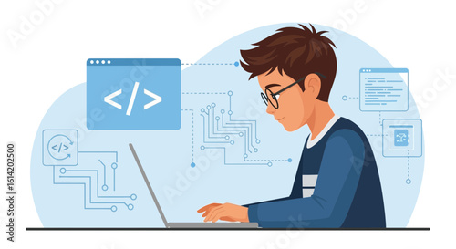 Young Programmer Concentrated On Writing Code On A Laptop Illustration