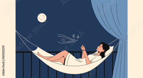 Woman Relaxing In A Hammock On The Balcony Under The Moonlight At Night