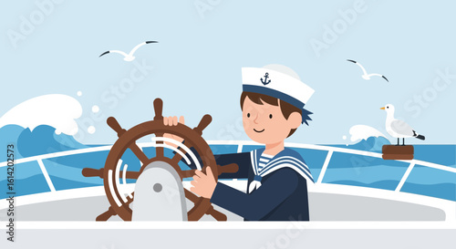Young Sailor Steering Ship On The Open Sea Cartoon Illustration