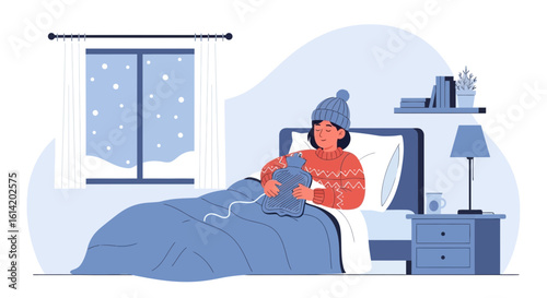 Woman Relaxing With Hot Water Bottle During Cold Winter In Bedroom