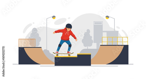Young Skateboarder Performing A Trick In A City Skatepark With Ramps