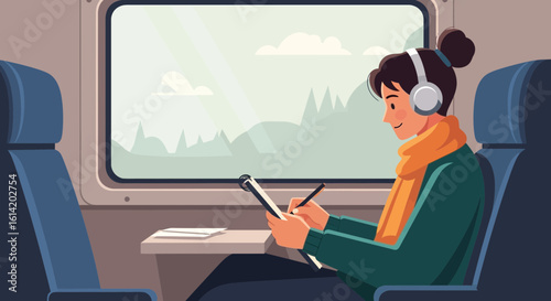 Woman Traveling By Train and Writing Journal Enjoying Journey