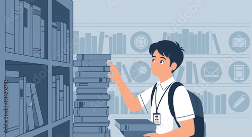Young Student Arranging Stack Of Books In Library For Education Concept