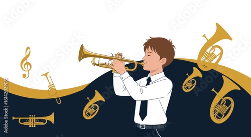 Young Trumpeter Playing Music With Floating Instruments In Background Illustration