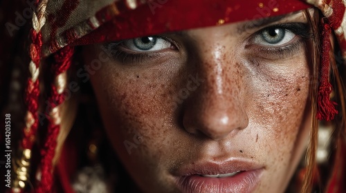 Intense gaze portrait of freckled woman with ethnic headscarf, capturing raw beauty