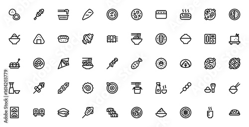 Japanese food icon set. Minimal vector illustrations. Includes sushi, ramen, tempura, bento, miso, tofu, yakitori, matcha, onigiri, udon, gyoza, sashimi, takoyaki and more. Editable stroke.