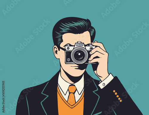 Retro Photographer – Man Taking a Photo with a Vintage Camera
