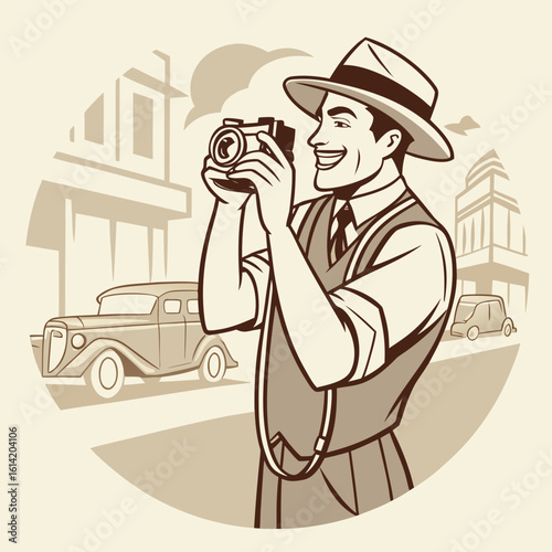 Retro Photographer – Man Taking a Photo with a Vintage Camera