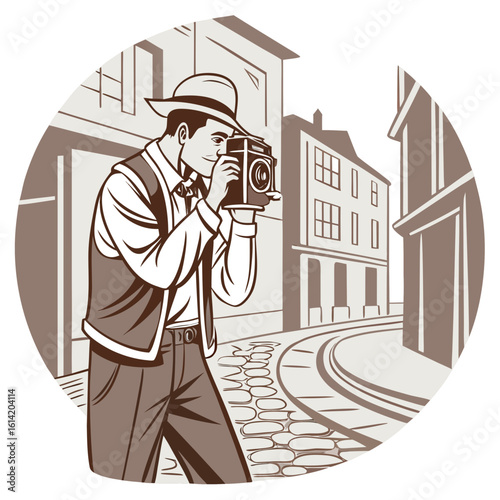 Retro Photographer – Man Taking a Photo with a Vintage Camera
