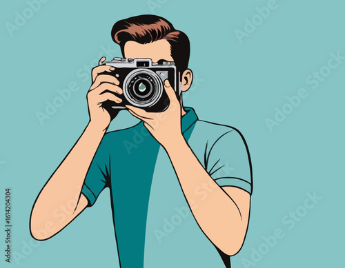 Retro Photographer – Man Taking a Photo with a Vintage Camera