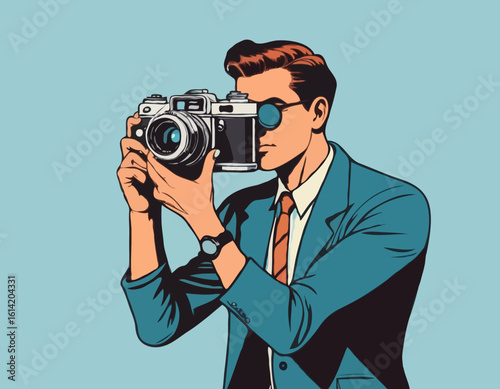 Retro Photographer – Man Taking a Photo with a Vintage Camera