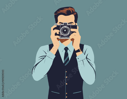 Retro Photographer – Man Taking a Photo with a Vintage Camera