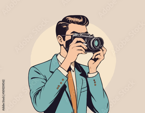 Retro Photographer – Man Taking a Photo with a Vintage Camera
