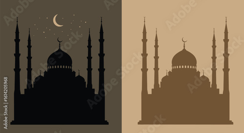 Silhouette of Mosque with Crescent Moon in Night Sky