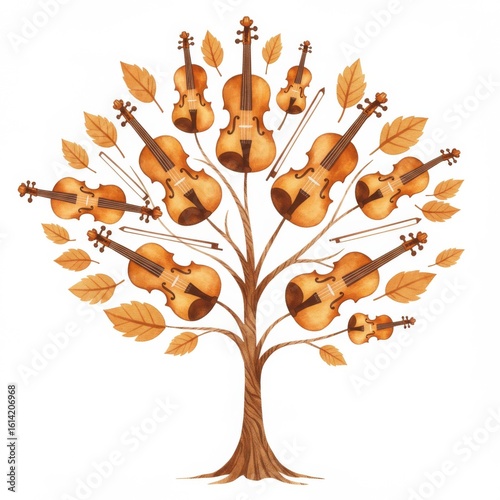 Autumnal Violin Tree: Brown and Gold String Instruments on Branches