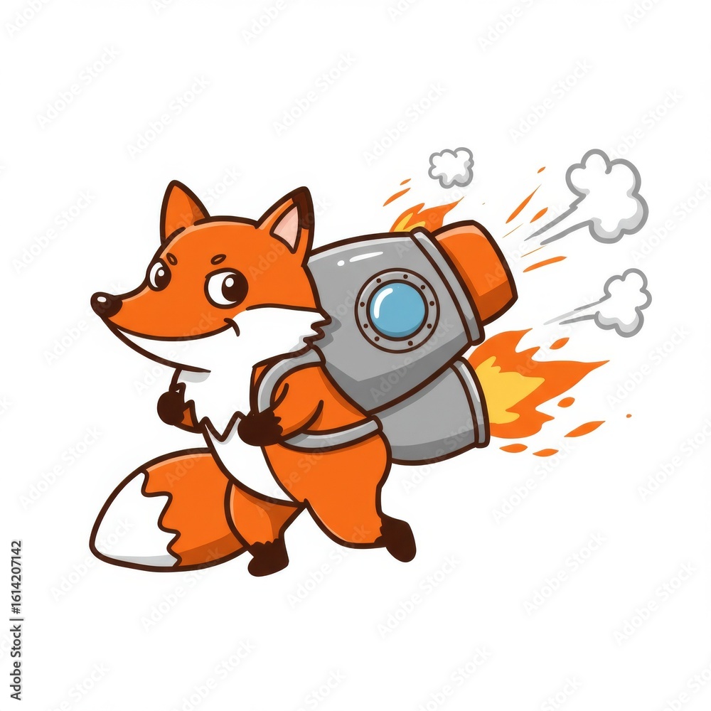 Obraz premium Orange Fox with Gray Rocket Pack Cartoon Illustration