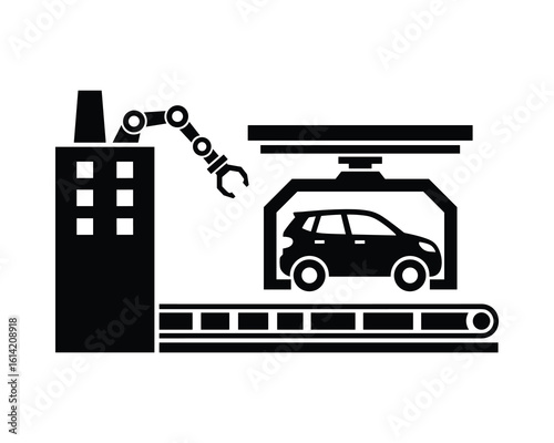 Black Car Manufacturing Production Line with Robot Arm. Factory Automated Industry Assembly. Vector Illustration.