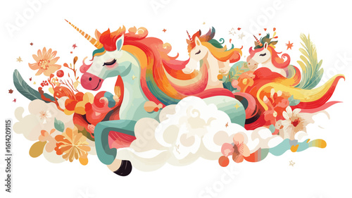 Enchanted unicorn fantasy landscape with floral elements